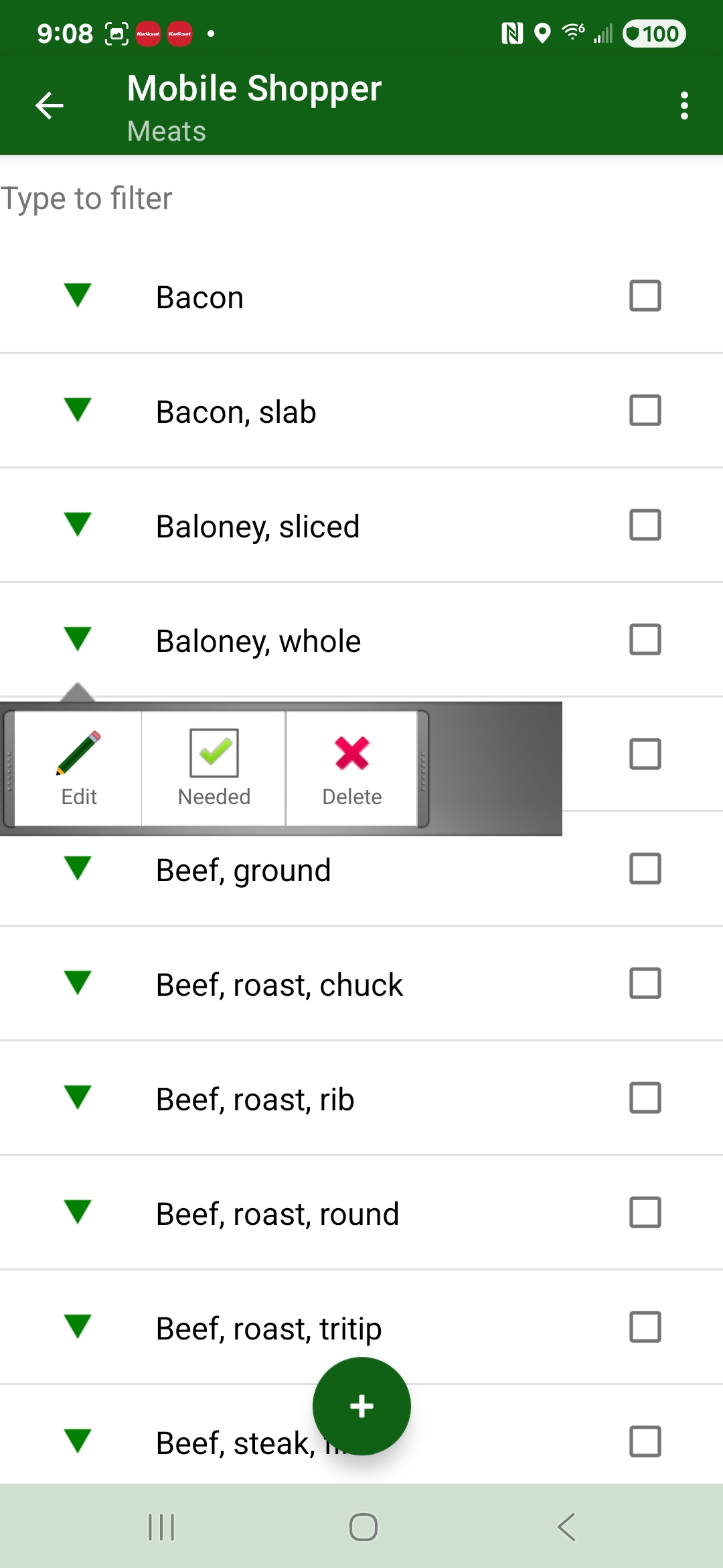 Category Items Quick Action bar